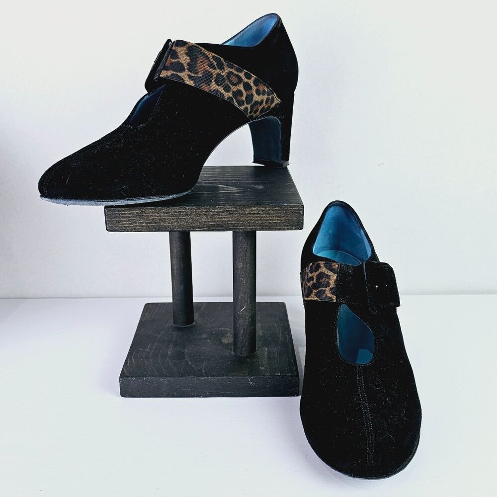 Vintage Thierry Rabotin Black Suede Leopard Mary Jane Chunk Heels, Italy, 38 1/2